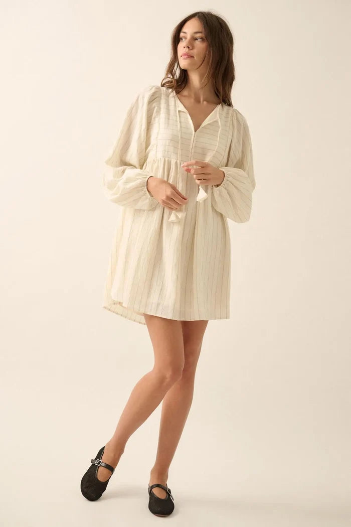 Breezy Belle Pinstripe Babydoll Peasant Mini Dress - ShopPromesa