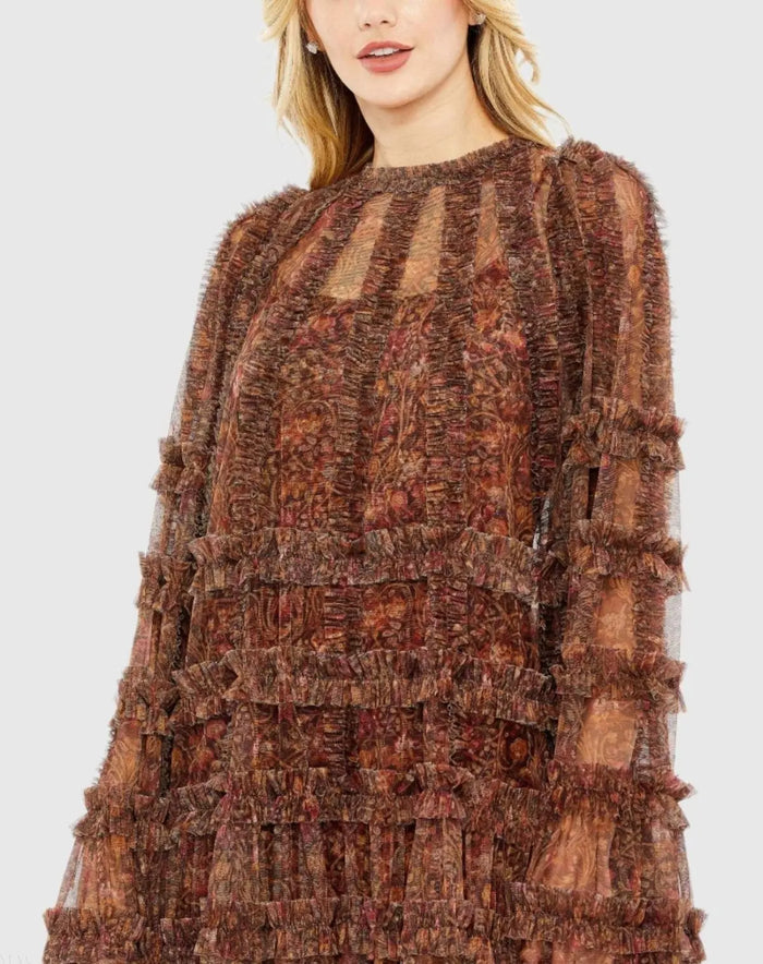 Brown Floral Print Long Flare Sleeve Mesh A-Line Dress - Mac Duggal