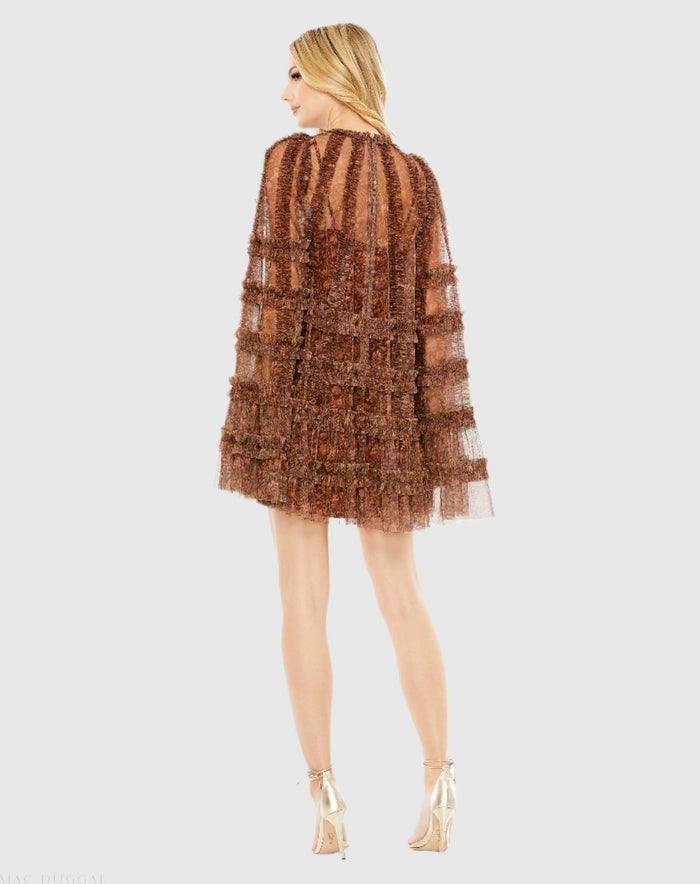 Brown Floral Print Long Flare Sleeve Mesh A-Line Dress - Mac Duggal