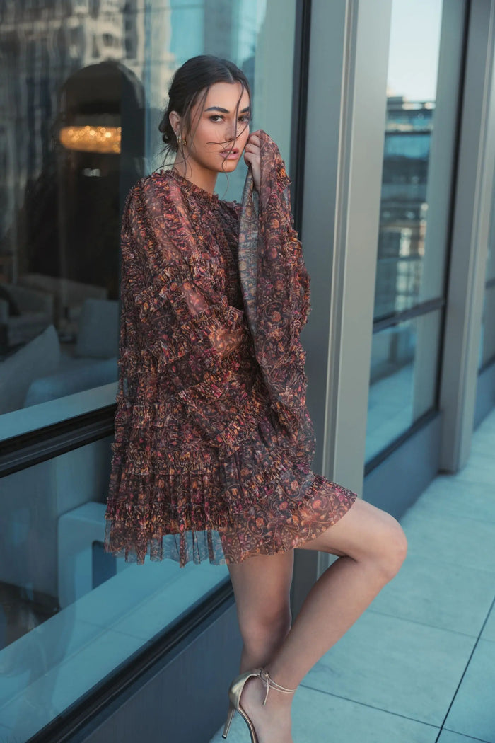 Brown Floral Print Long Flare Sleeve Mesh A-Line Dress - Mac Duggal