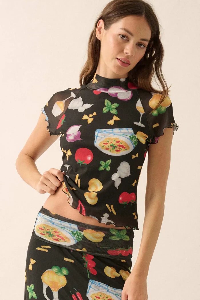 Buon Appetito Printed Mesh Mock-Neck Baby Tee - ShopPromesa