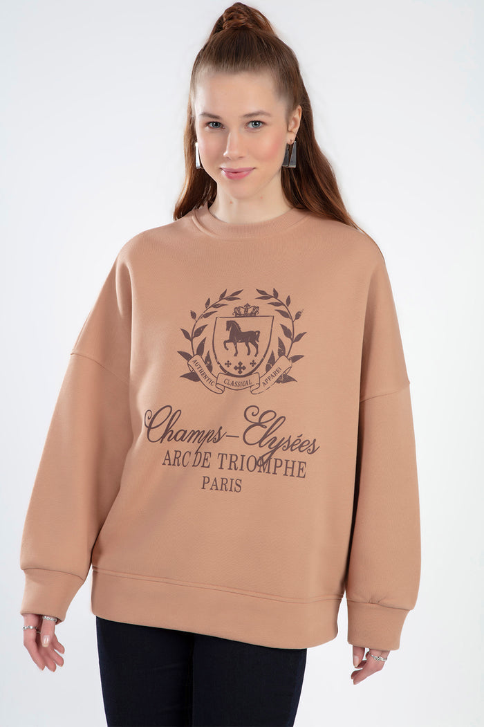 Model wearing Champs-Élysées Paris brown oversized sweatshirt featuring a horse crest graphic and trendy streetwear fit.