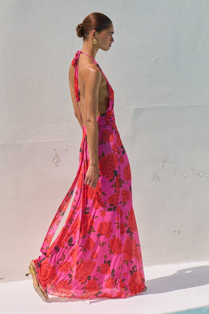 This is an image of Chelsea Maxi in Rosebud - RESA featuring a model wearing the dress