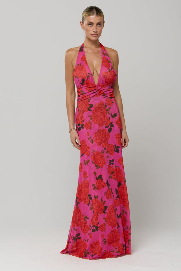 This is an image of Chelsea Maxi in Rosebud - RESA featuring a model wearing the dress