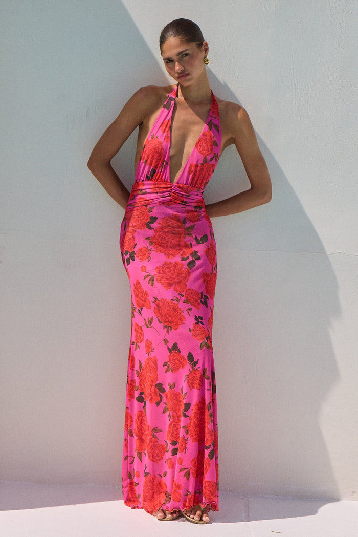 This is an image of Chelsea Maxi in Rosebud - RESA featuring a model wearing the dress