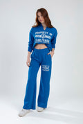 Blue Clan Pants Set featuring a cropped V-neck sweatshirt and wide-leg joggers with white Clan Fraser graphic print.