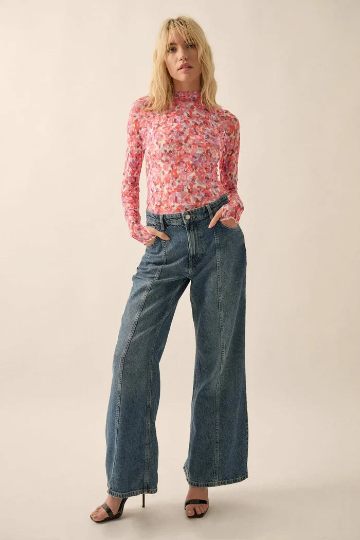 Color Pop Floral Mesh Mock-Neck Thumbhole Top - ShopPromesa