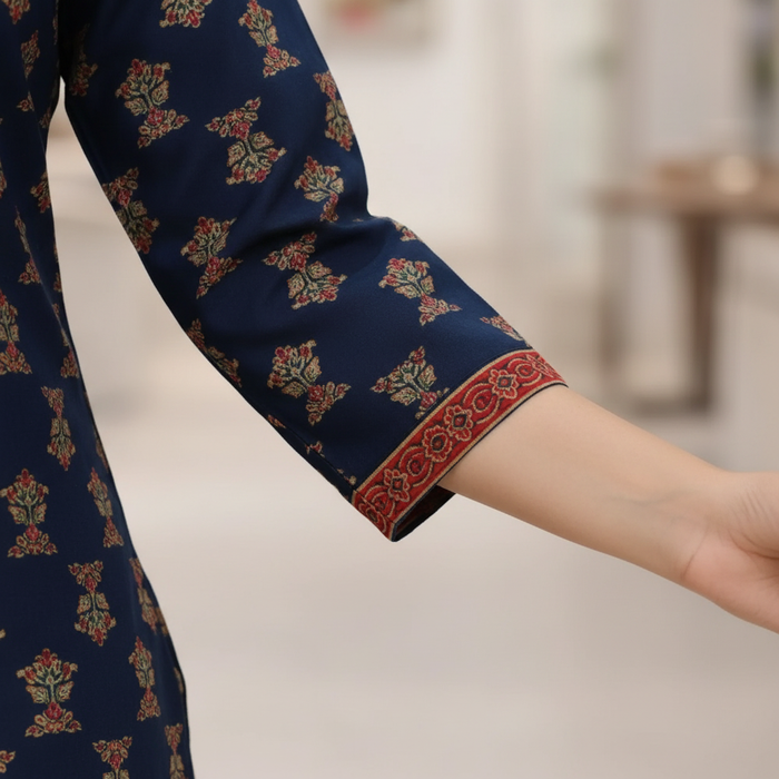 Close-up of hands showing colorful floral block print design and border trim