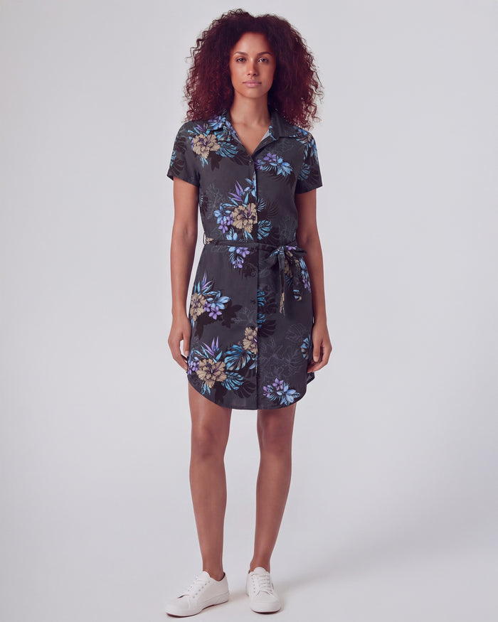 CRYSTAL EXOTIC FLORAL BLACK WOMENS SHIRT DRESS