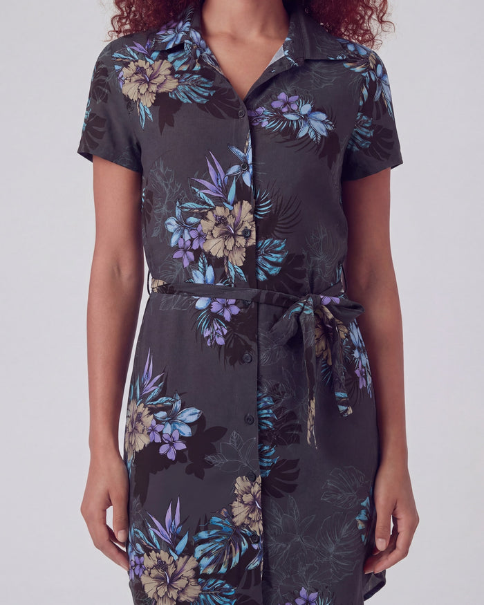 CRYSTAL EXOTIC FLORAL BLACK WOMENS SHIRT DRESS
