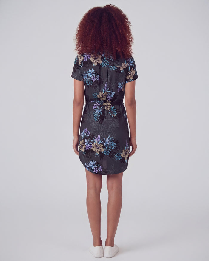 CRYSTAL EXOTIC FLORAL BLACK WOMENS SHIRT DRESS