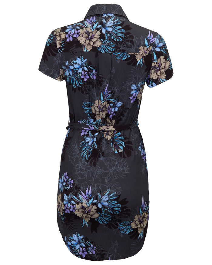 CRYSTAL EXOTIC FLORAL BLACK WOMENS SHIRT DRESS
