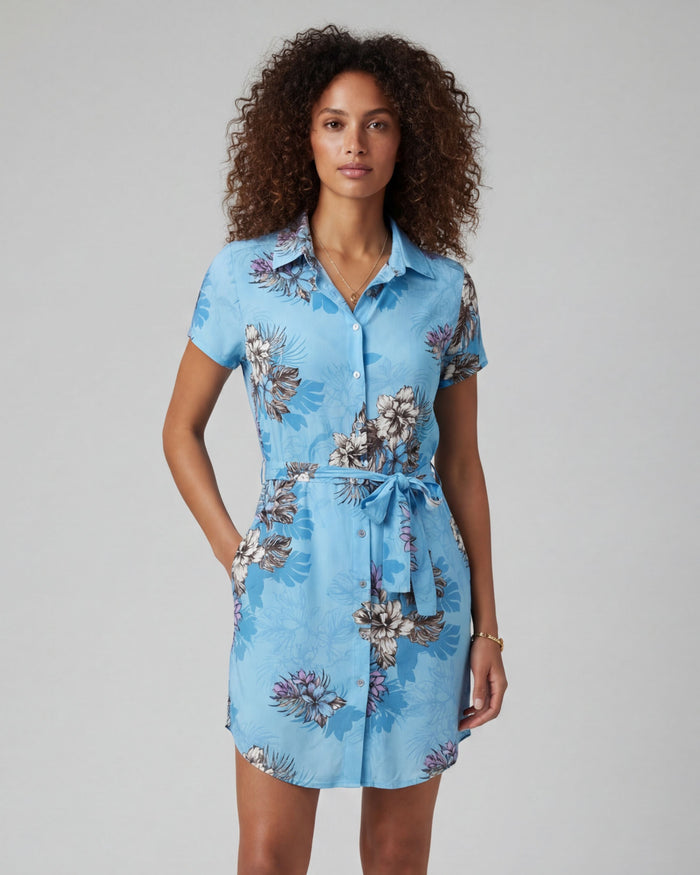 CRYSTAL EXOTIC FLORAL TEAL WOMENS SHIRT DRESS