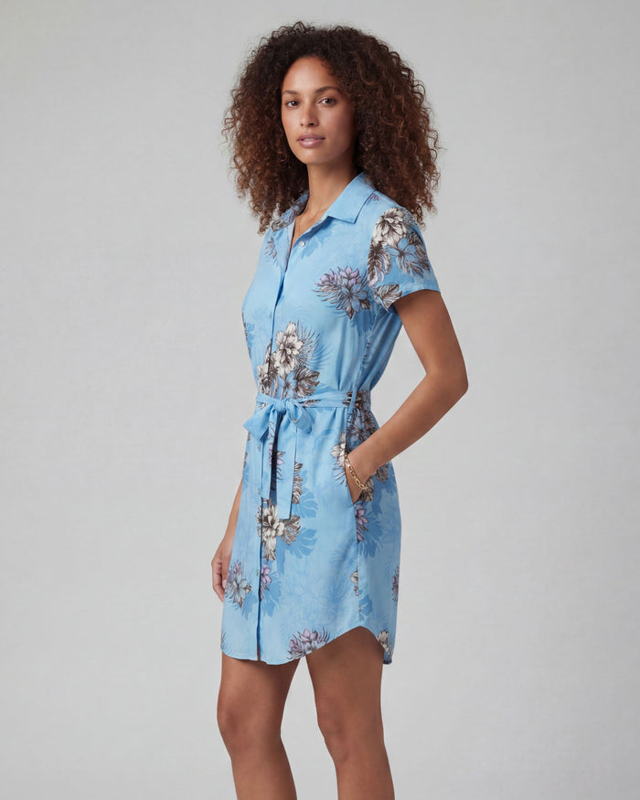 CRYSTAL EXOTIC FLORAL TEAL WOMENS SHIRT DRESS