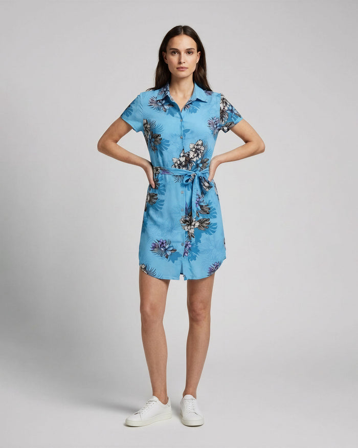 CRYSTAL EXOTIC FLORAL TEAL WOMENS SHIRT DRESS