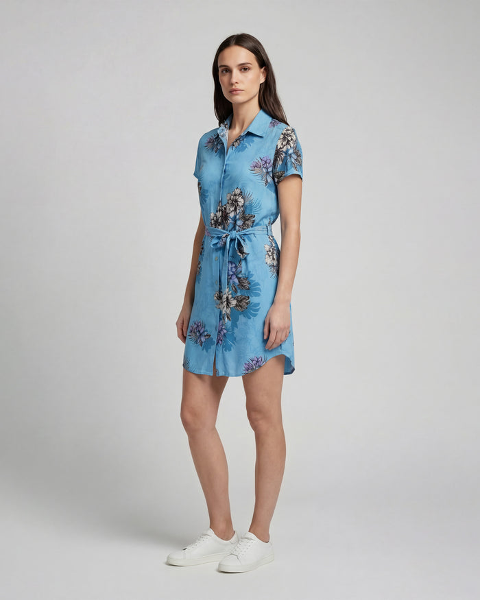 CRYSTAL EXOTIC FLORAL TEAL WOMENS SHIRT DRESS