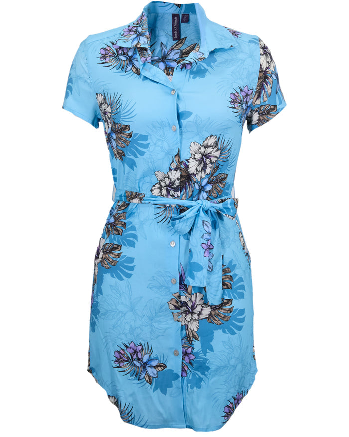 CRYSTAL EXOTIC FLORAL TEAL WOMENS SHIRT DRESS