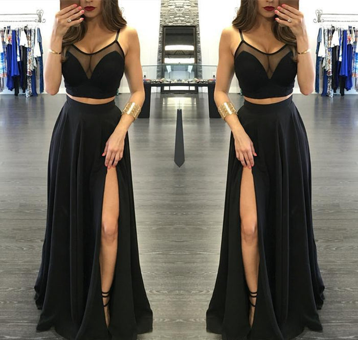 Custom Made A Line Round Neck 2 Pieces Black Prom Dresses, 2 Pieces Formal Dresses