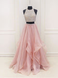 Custom Made A Line Round Neck 2 Pieces Pink Prom Dresses, 2 Pieces Pink Formal Dresses