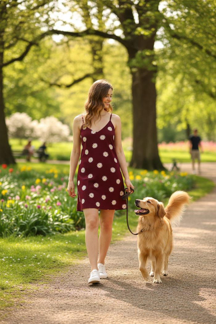 Maroon daisy print dress - model walking with dog outdoors