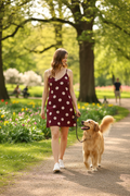 Maroon daisy print dress - model walking with dog outdoors
