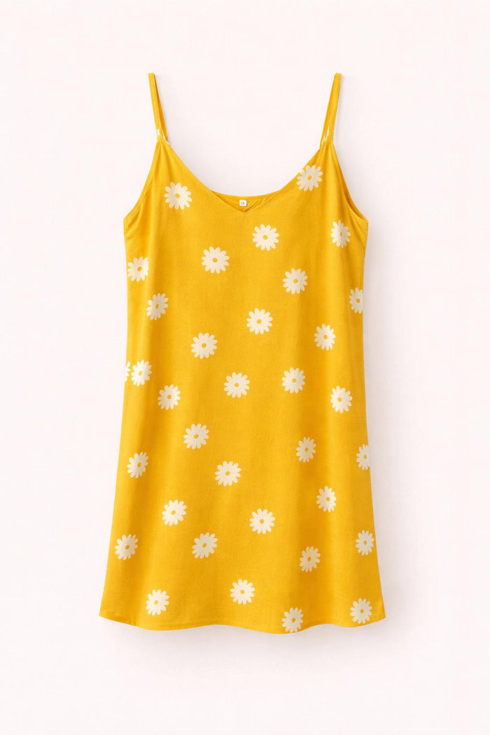 Daisy print slip dress casual summer mini yellow dress