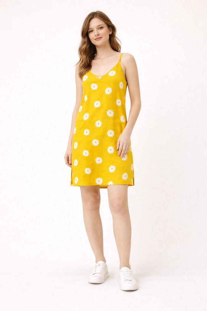 Daisy print slip dress casual summer mini yellow dress