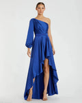 Dark Blue Long Sleeve One Shoulder Satin High Low A-line Gown - Ieena for Mac Duggal