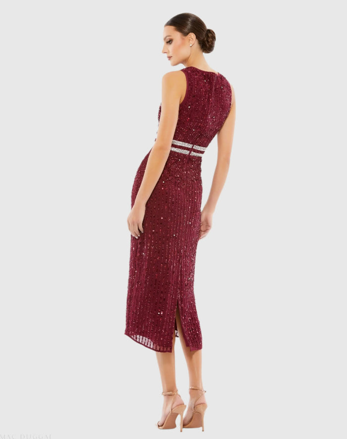Sleeveless High Neck Beaded Midi Sheath Dress