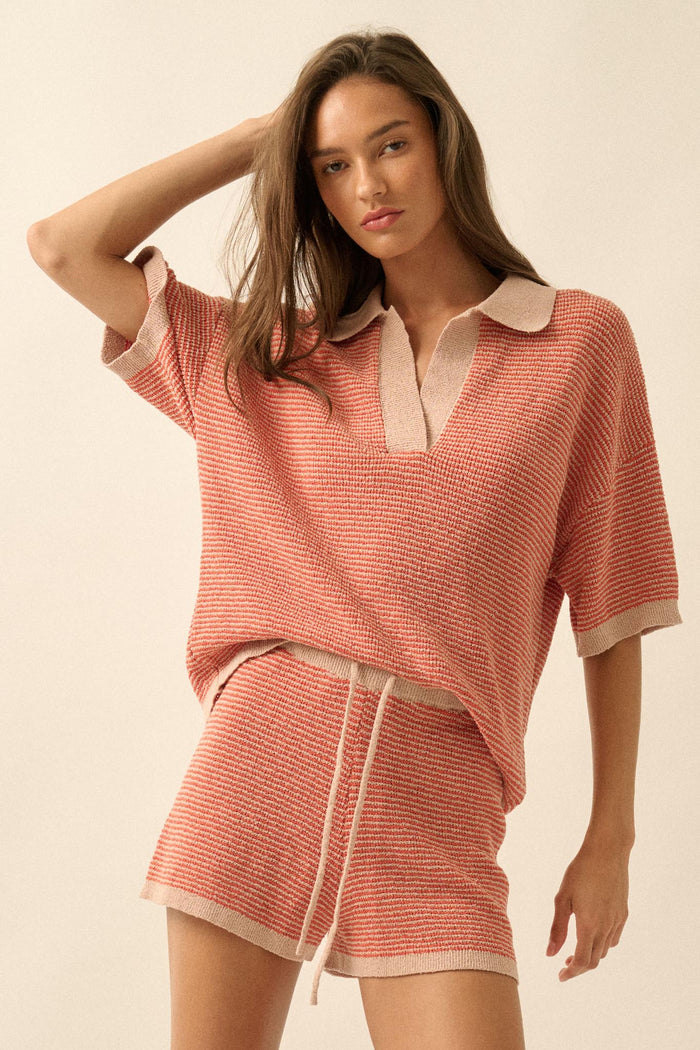 Days of Joy Striped Short-Sleeve Polo Sweater - ShopPromesa