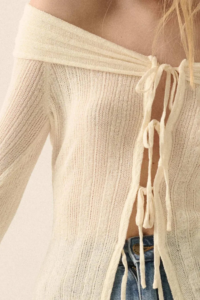 Dear Diary Off-Shoulder Tie-Front Cardigan - ShopPromesa