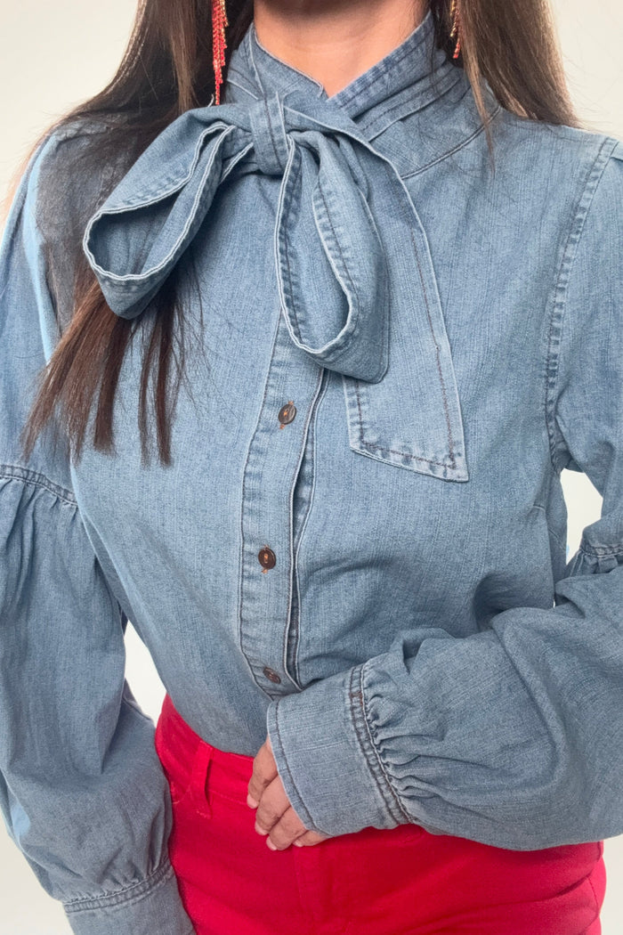 Style the Denim Bow Collar Button Down Top exclusively at Born To Glam