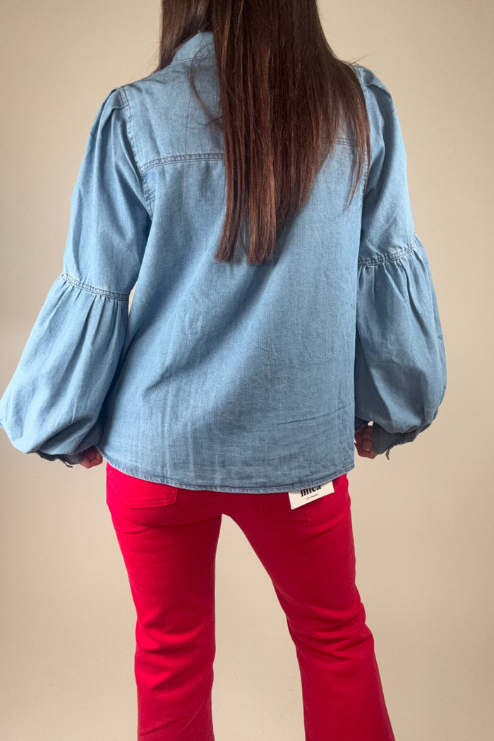 Style the Denim Bow Collar Button Down Top exclusively at Born To Glam