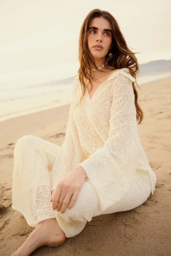 Diamond Dream Pointelle Crochet-Knit Polo Sweater - ShopPromesa