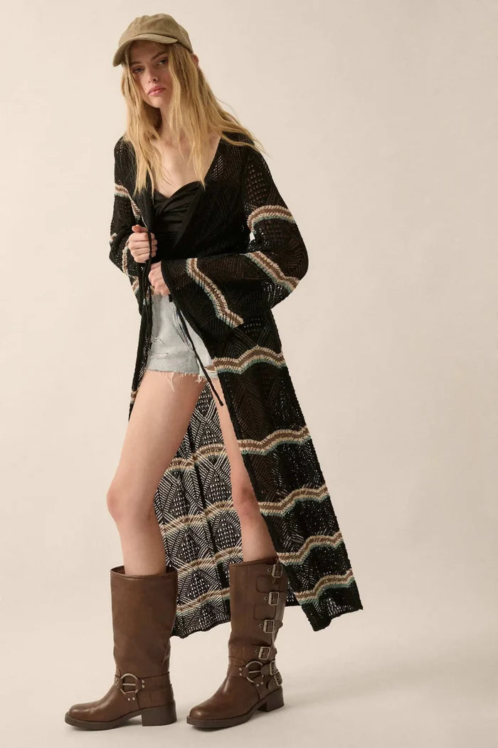 Diamond Drift Striped Crochet Duster Cardigan - ShopPromesa