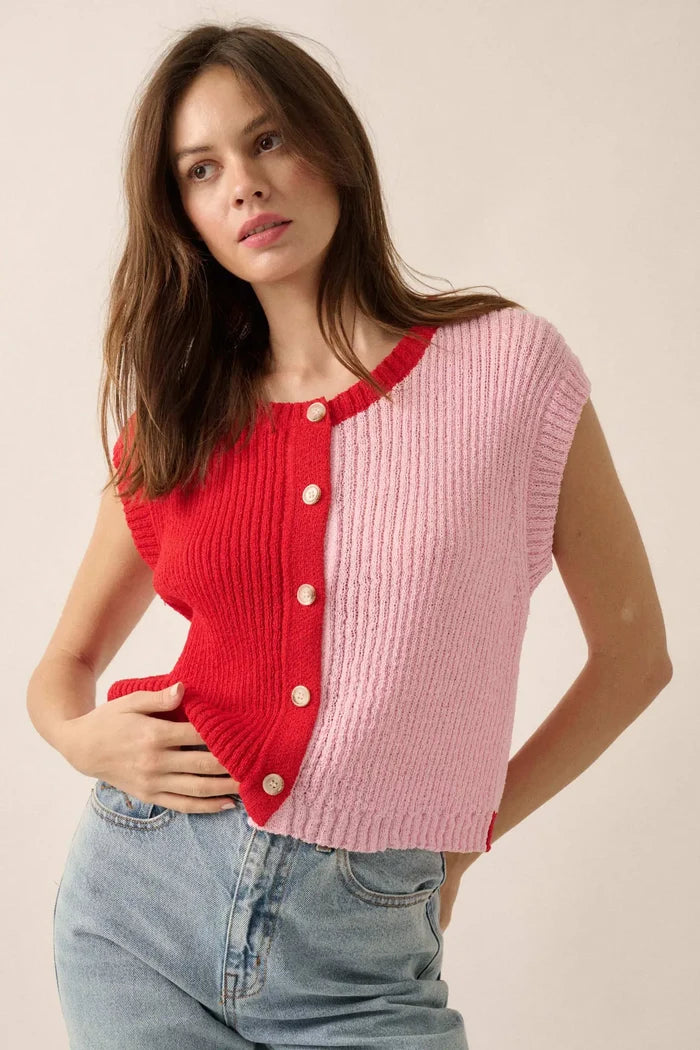 Double Date Colorblock Knit Buttoned Sweater Vest - ShopPromesa