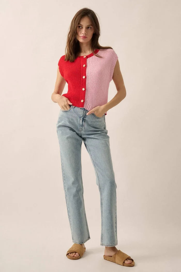 Double Date Colorblock Knit Buttoned Sweater Vest - ShopPromesa