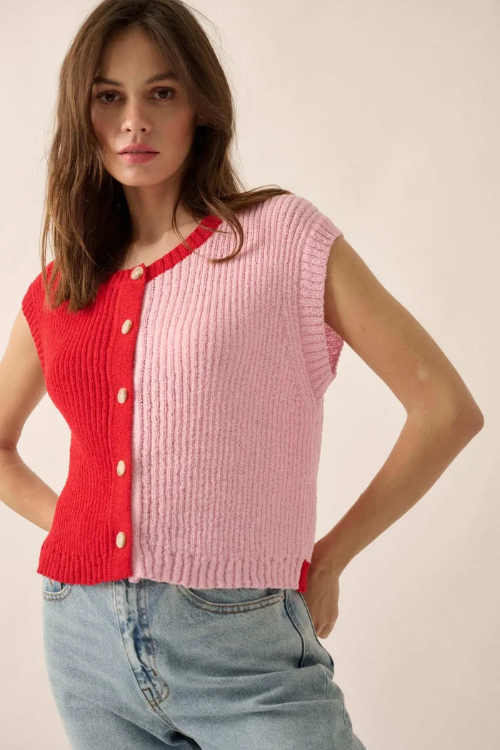 Double Date Colorblock Knit Buttoned Sweater Vest - ShopPromesa