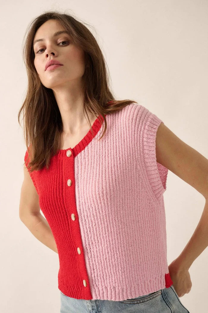 Double Date Colorblock Knit Buttoned Sweater Vest - ShopPromesa