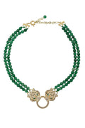 Double strand green natural stone beaded necklace with a crystal-embellished gold leopard centerpiece and toggle clasp.