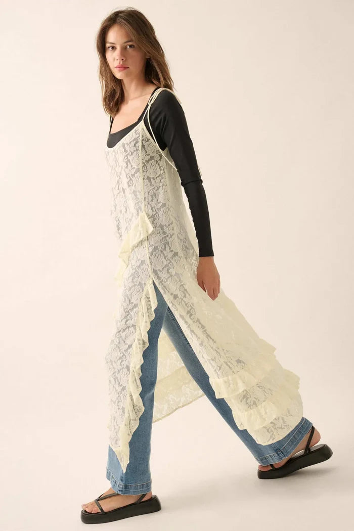 Dream of You Sheer Ruffled Floral Lace Midi Dress - ShopPromesa