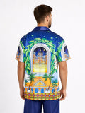 Colorful short-sleeve shirt featuring a vibrant tropical design with palm trees and architectural elements.
