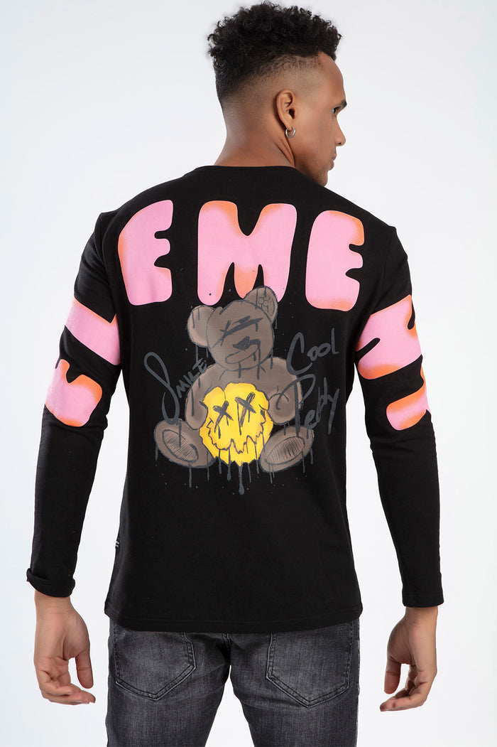 Back view of Men's Black Element Shirt featuring pink bubble graphics and a streetwear teddy bear graffiti design.