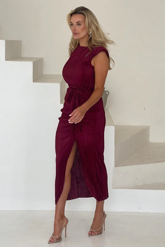 Elena Ruched Seamed Midi Dress (Wine)