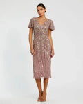 Purple Embellished Faux Wrap Flutter Sleeve Dress Mac Duggal