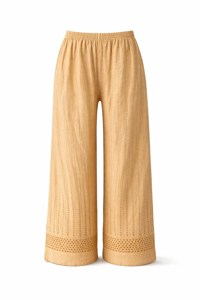 Beige wide-leg cotton pants with elastic waist and embroidered detailing at the hem