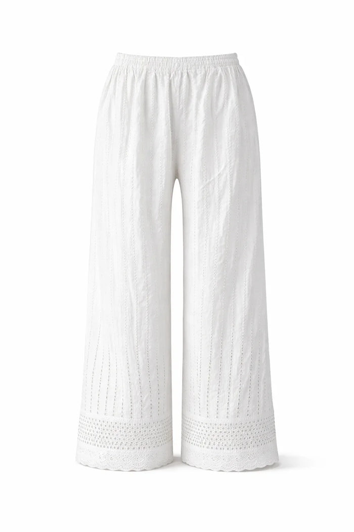 White wide-leg cotton pants with eyelet embroidery and scalloped lace hem