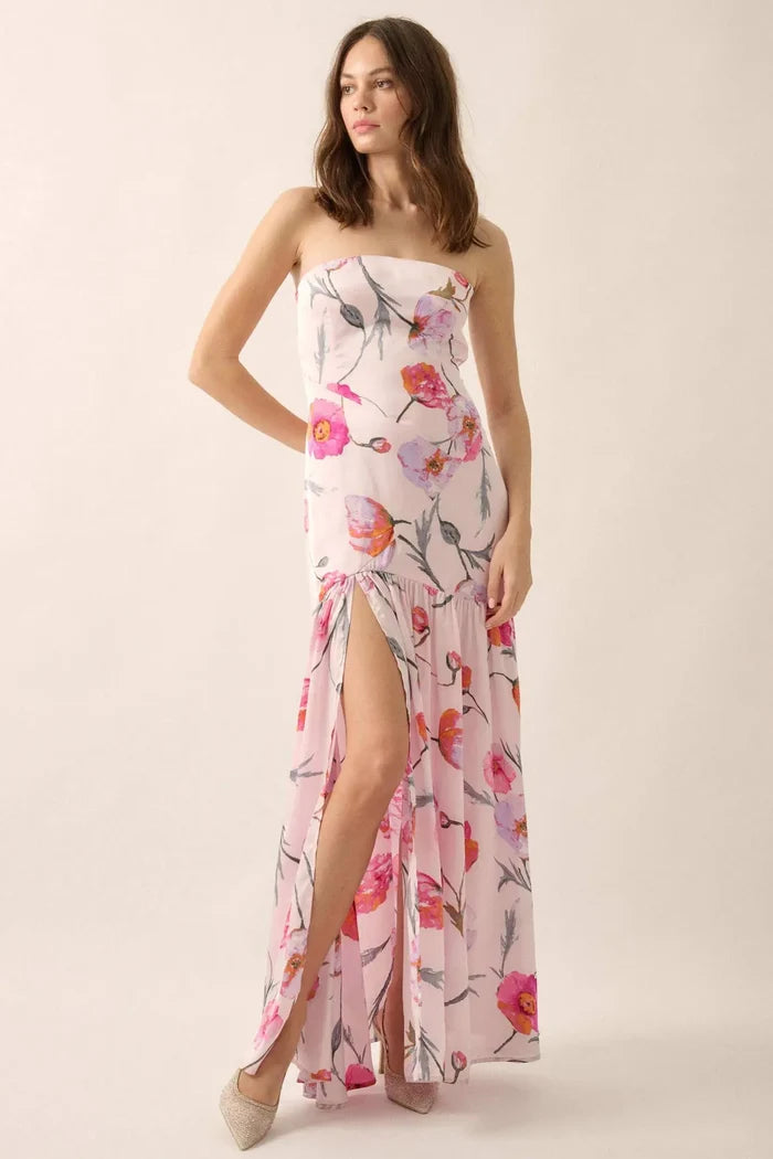 Eternal Spring Floral Satin Strapless Maxi Dress - ShopPromesa