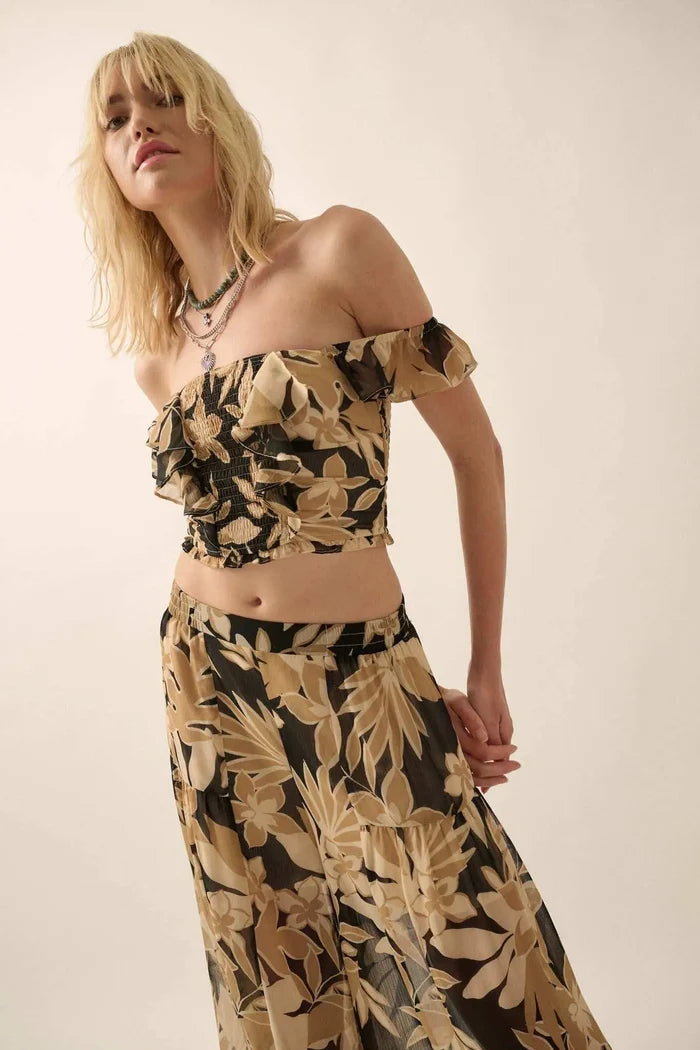 Exotic Tropics Floral Off-Shoulder Ruffle Crop Top - ShopPromesa