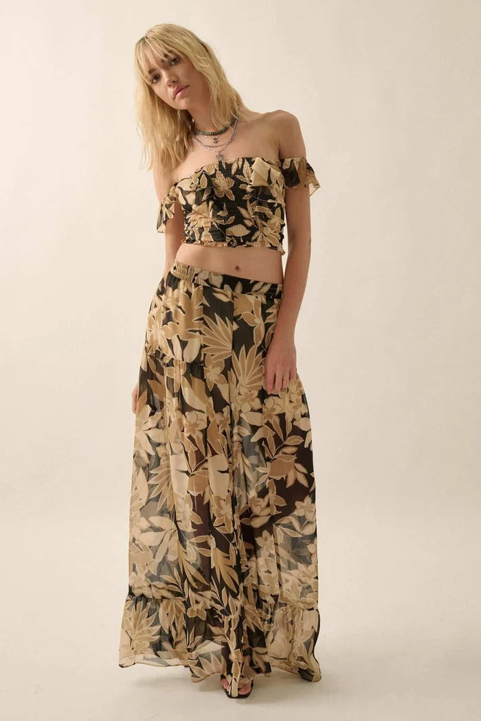 Exotic Tropics Floral Off-Shoulder Ruffle Crop Top - ShopPromesa